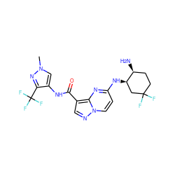 Cn1cc(NC(=O)c2cnn3ccc(N[C@@H]4CC(F)(F)CC[C@@H]4N)nc23)c(C(F)(F)F)n1 ZINC000473107140