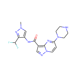 Cn1cc(NC(=O)c2cnn3ccc(N4CCNCC4)nc23)c(C(F)F)n1 ZINC000473107239