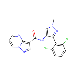 Cn1cc(NC(=O)c2cnn3cccnc23)c(-c2c(Cl)cccc2Cl)n1 ZINC000095575092