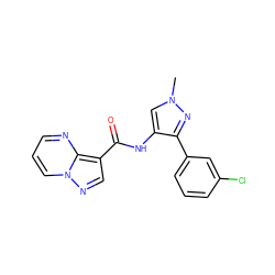 Cn1cc(NC(=O)c2cnn3cccnc23)c(-c2cccc(Cl)c2)n1 ZINC000095574455