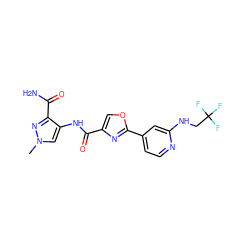 Cn1cc(NC(=O)c2coc(-c3ccnc(NCC(F)(F)F)c3)n2)c(C(N)=O)n1 ZINC000299826285