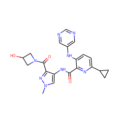 Cn1cc(NC(=O)c2nc(C3CC3)ccc2Nc2cncnc2)c(C(=O)N2CC(O)C2)n1 ZINC000147561405