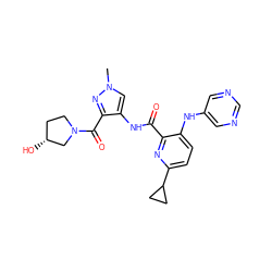 Cn1cc(NC(=O)c2nc(C3CC3)ccc2Nc2cncnc2)c(C(=O)N2CC[C@@H](O)C2)n1 ZINC000148604930