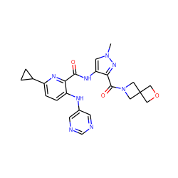 Cn1cc(NC(=O)c2nc(C3CC3)ccc2Nc2cncnc2)c(C(=O)N2CC3(COC3)C2)n1 ZINC000149031486