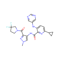 Cn1cc(NC(=O)c2nc(C3CC3)ccc2Nc2cncnc2)c(C(=O)N2CCC(F)(F)C2)n1 ZINC000149851645