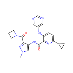 Cn1cc(NC(=O)c2nc(C3CC3)ccc2Nc2cncnc2)c(C(=O)N2CCC2)n1 ZINC000148150626