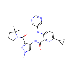 Cn1cc(NC(=O)c2nc(C3CC3)ccc2Nc2cncnc2)c(C(=O)N2CCCC2(C)C)n1 ZINC000148703455