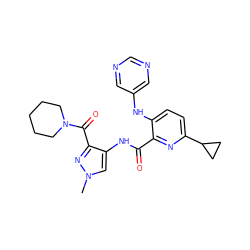 Cn1cc(NC(=O)c2nc(C3CC3)ccc2Nc2cncnc2)c(C(=O)N2CCCCC2)n1 ZINC000169701664