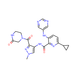 Cn1cc(NC(=O)c2nc(C3CC3)ccc2Nc2cncnc2)c(C(=O)N2CCNC(=O)C2)n1 ZINC000149271159