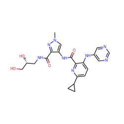 Cn1cc(NC(=O)c2nc(C3CC3)ccc2Nc2cncnc2)c(C(=O)NC[C@@H](O)CO)n1 ZINC000150032044