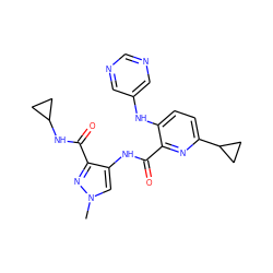 Cn1cc(NC(=O)c2nc(C3CC3)ccc2Nc2cncnc2)c(C(=O)NC2CC2)n1 ZINC000149015078