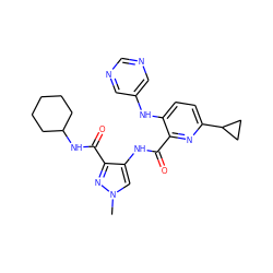 Cn1cc(NC(=O)c2nc(C3CC3)ccc2Nc2cncnc2)c(C(=O)NC2CCCCC2)n1 ZINC000148624200