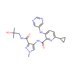 Cn1cc(NC(=O)c2nc(C3CC3)ccc2Nc2cncnc2)c(C(=O)NCC(C)(C)O)n1 ZINC000148294282