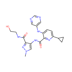 Cn1cc(NC(=O)c2nc(C3CC3)ccc2Nc2cncnc2)c(C(=O)NCCO)n1 ZINC000150070175