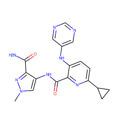 Cn1cc(NC(=O)c2nc(C3CC3)ccc2Nc2cncnc2)c(C(N)=O)n1 ZINC000169701653