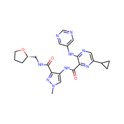 Cn1cc(NC(=O)c2nc(C3CC3)cnc2Nc2cncnc2)c(C(=O)NC[C@@H]2CCCO2)n1 ZINC000147642805