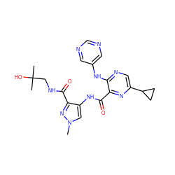 Cn1cc(NC(=O)c2nc(C3CC3)cnc2Nc2cncnc2)c(C(=O)NCC(C)(C)O)n1 ZINC000148122031