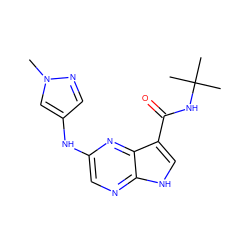 Cn1cc(Nc2cnc3[nH]cc(C(=O)NC(C)(C)C)c3n2)cn1 ZINC000145073379