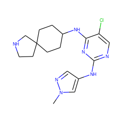 Cn1cc(Nc2ncc(Cl)c(NC3CCC4(CCNC4)CC3)n2)cn1 ZINC001772617830