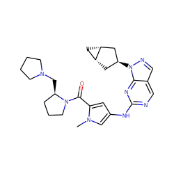 Cn1cc(Nc2ncc3cnn([C@H]4C[C@@H]5C[C@@H]5C4)c3n2)cc1C(=O)N1CCC[C@H]1CN1CCCC1 ZINC000101500493