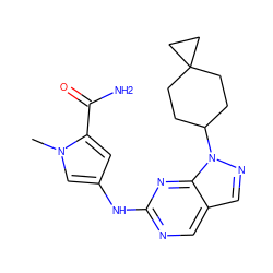 Cn1cc(Nc2ncc3cnn(C4CCC5(CC4)CC5)c3n2)cc1C(N)=O ZINC000084605000