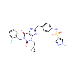 Cn1cc(S(=O)(=O)Nc2ccc(Cc3nc4c([nH]3)c(=O)n(Cc3ccccc3F)c(=O)n4CC3CC3)cc2)cn1 ZINC000003838292