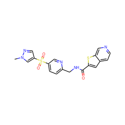 Cn1cc(S(=O)(=O)c2ccc(CNC(=O)c3cc4ccncc4s3)nc2)cn1 ZINC000223403021