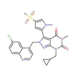 Cn1cc(S(C)(=O)=O)cc1-c1c2c(=O)n(C)c(=O)n(CC3CC3)c2nn1Cc1ccnc2ccc(Cl)cc12 ZINC000053281643