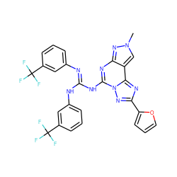 Cn1cc2c(nc(NC(=Nc3cccc(C(F)(F)F)c3)Nc3cccc(C(F)(F)F)c3)n3nc(-c4ccco4)nc23)n1 ZINC000473119641