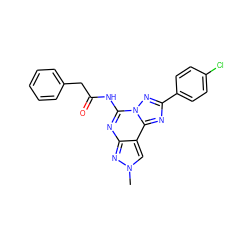 Cn1cc2c(nc(NC(=O)Cc3ccccc3)n3nc(-c4ccc(Cl)cc4)nc23)n1 ZINC000049072679