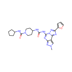 Cn1cc2c(nc(NC(=O)NC3CCN(C(=O)NC4CCCC4)CC3)n3nc(-c4ccco4)nc23)n1 ZINC000084711276