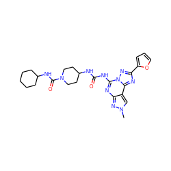 Cn1cc2c(nc(NC(=O)NC3CCN(C(=O)NC4CCCCC4)CC3)n3nc(-c4ccco4)nc23)n1 ZINC000084711279