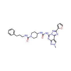 Cn1cc2c(nc(NC(=O)NC3CCN(C(=O)NCCCc4ccccc4)CC3)n3nc(-c4ccco4)nc23)n1 ZINC000084690197