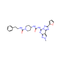 Cn1cc2c(nc(NC(=O)NC3CCN(C(=O)NCCc4ccccc4)CC3)n3nc(-c4ccco4)nc23)n1 ZINC000084710486