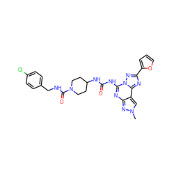 Cn1cc2c(nc(NC(=O)NC3CCN(C(=O)NCc4ccc(Cl)cc4)CC3)n3nc(-c4ccco4)nc23)n1 ZINC000084689386