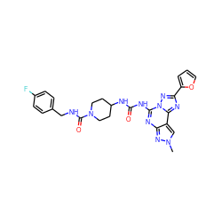 Cn1cc2c(nc(NC(=O)NC3CCN(C(=O)NCc4ccc(F)cc4)CC3)n3nc(-c4ccco4)nc23)n1 ZINC000084689384