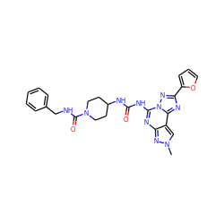 Cn1cc2c(nc(NC(=O)NC3CCN(C(=O)NCc4ccccc4)CC3)n3nc(-c4ccco4)nc23)n1 ZINC000084712154