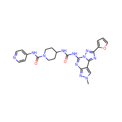 Cn1cc2c(nc(NC(=O)NC3CCN(C(=O)Nc4ccncc4)CC3)n3nc(-c4ccco4)nc23)n1 ZINC000084671831