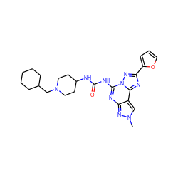 Cn1cc2c(nc(NC(=O)NC3CCN(CC4CCCCC4)CC3)n3nc(-c4ccco4)nc23)n1 ZINC000084690605