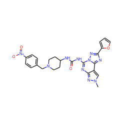 Cn1cc2c(nc(NC(=O)NC3CCN(Cc4ccc([N+](=O)[O-])cc4)CC3)n3nc(-c4ccco4)nc23)n1 ZINC000084708712