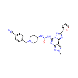 Cn1cc2c(nc(NC(=O)NC3CCN(Cc4ccc(C#N)cc4)CC3)n3nc(-c4ccco4)nc23)n1 ZINC000084689267