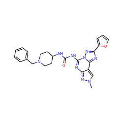 Cn1cc2c(nc(NC(=O)NC3CCN(Cc4ccccc4)CC3)n3nc(-c4ccco4)nc23)n1 ZINC000084690606