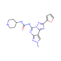 Cn1cc2c(nc(NC(=O)NC3CCNCC3)n3nc(-c4ccco4)nc23)n1 ZINC000084689734