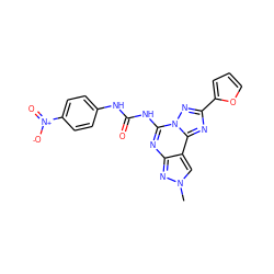 Cn1cc2c(nc(NC(=O)Nc3ccc([N+](=O)[O-])cc3)n3nc(-c4ccco4)nc23)n1 ZINC000013472324