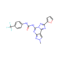 Cn1cc2c(nc(NC(=O)Nc3ccc(C(F)(F)F)cc3)n3nc(-c4ccco4)nc23)n1 ZINC000013472328