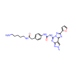 Cn1cc2c(nc(NC(=O)Nc3ccc(CC(=O)NCCCCCN)cc3)n3nc(-c4ccco4)nc23)n1 ZINC000224307505