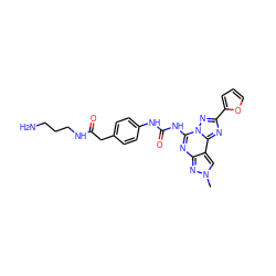 Cn1cc2c(nc(NC(=O)Nc3ccc(CC(=O)NCCCN)cc3)n3nc(-c4ccco4)nc23)n1 ZINC000224289889