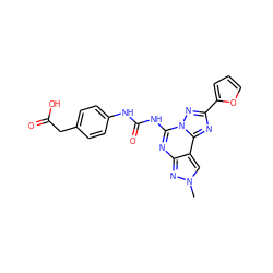 Cn1cc2c(nc(NC(=O)Nc3ccc(CC(=O)O)cc3)n3nc(-c4ccco4)nc23)n1 ZINC000224303451