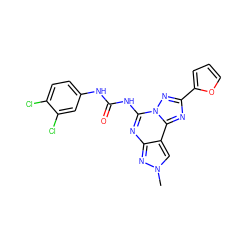 Cn1cc2c(nc(NC(=O)Nc3ccc(Cl)c(Cl)c3)n3nc(-c4ccco4)nc23)n1 ZINC000013472322