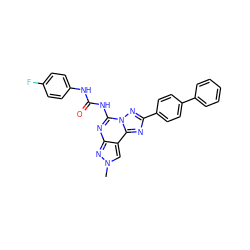 Cn1cc2c(nc(NC(=O)Nc3ccc(F)cc3)n3nc(-c4ccc(-c5ccccc5)cc4)nc23)n1 ZINC000072125774